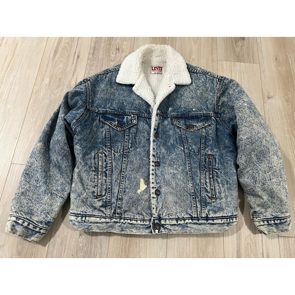 Levi's Vintage Acid Wash Sherpa Lined Denim Trucker Jacket Made in USA L